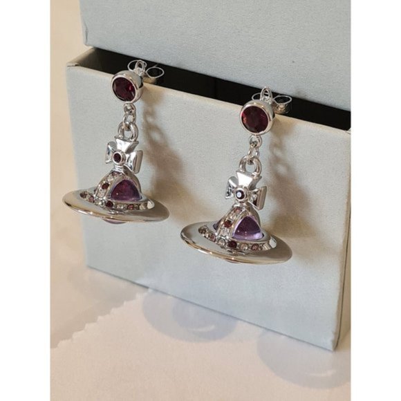 Vivienne Westwood 3D silver tone Purple Orb drop Earrings New with Box - Picture 6 of 12